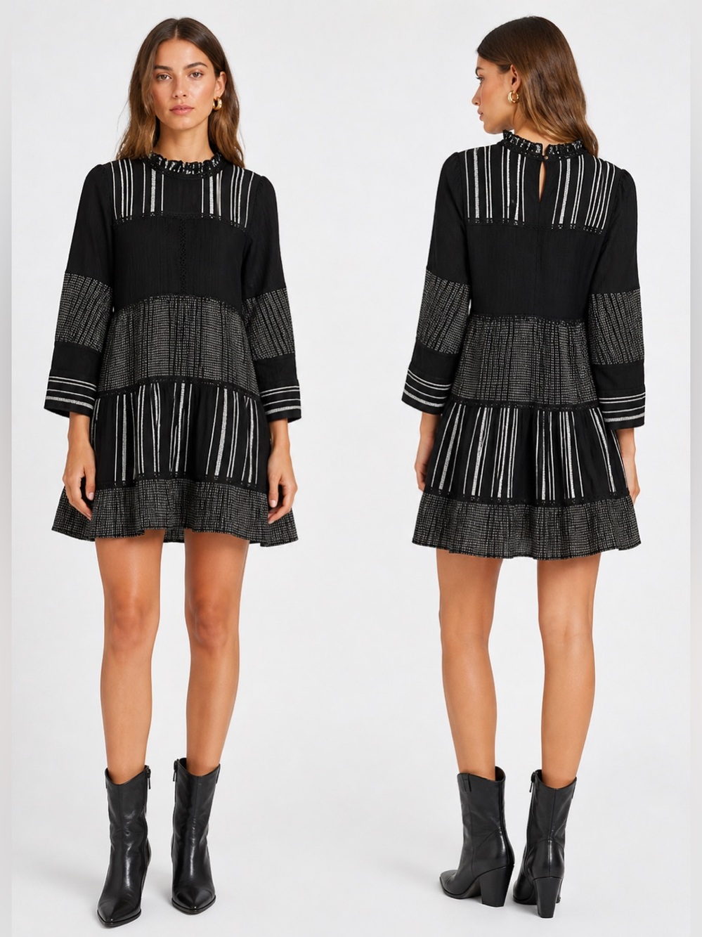 zara Black White Stripe Tiered Boho Mini Dress Cottagecore Prairie Style small